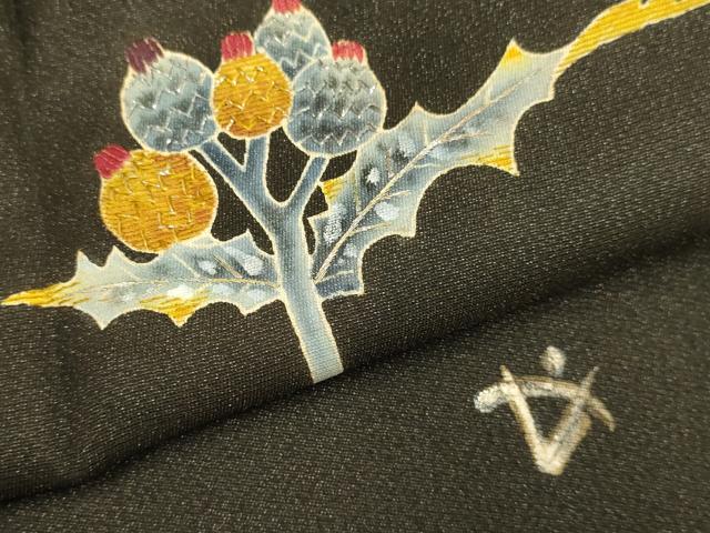 平和屋着物▽訪問着 単衣 刺繍 松ぼっくり 黒地 銀通し地 正絹 逸品 DABD6497du