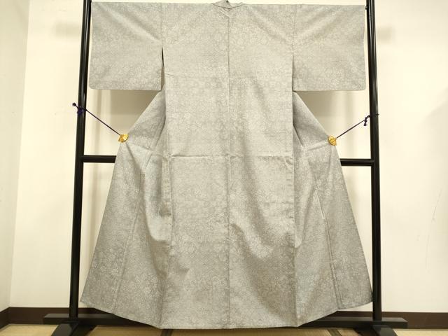平和屋着物▽上質な小紋 単衣 紬地 型染 切嵌花文 正絹 逸品 DABD6510du