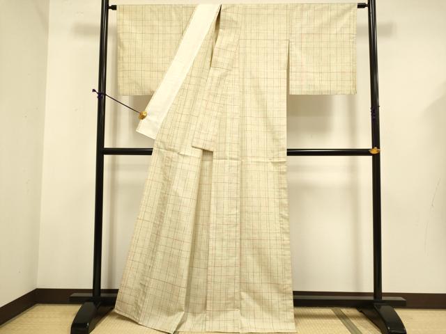 平和屋着物▽上質な紬 単衣 格子 正絹 逸品 DABD6518du