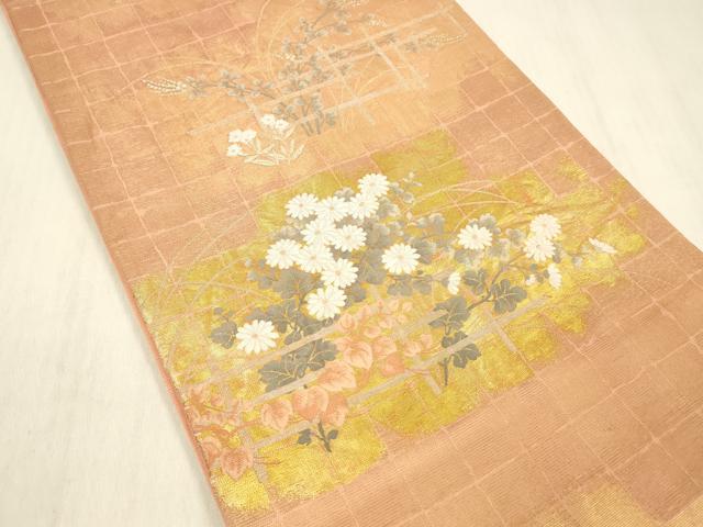 平和屋着物*夏物 六通柄袋帯 格子草花文 金銀糸 正絹 逸品 DABD6528cm