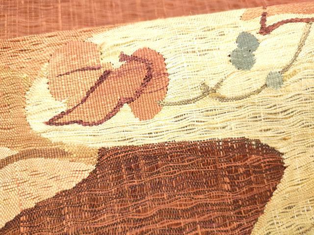 平和屋着物▽太鼓柄袋帯 スリーシーズン 春夏秋 すくい織 流水蔦の葉文 ほていや扱い 反端付き 上代33万 正絹 逸品 DABD6530cm