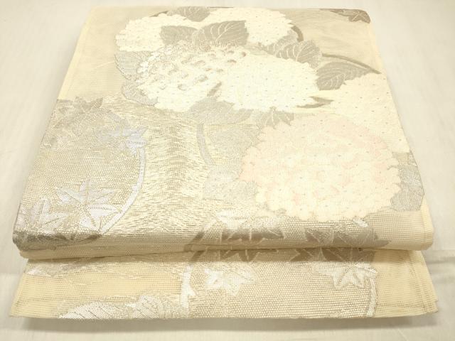平和屋着物*夏物 六通柄袋帯 紫陽花舞葉文 銀糸 正絹 逸品 DABD6538cm