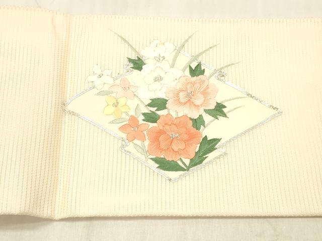 平和屋着物*夏物 九寸名古屋帯 駒刺繍 総刺繍 草花文 銀糸 正絹 逸品 DABD6558cm