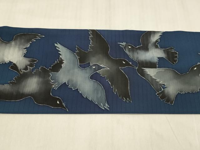 平和屋着物*夏物 絽塩瀬 つけ帯 手描き 烏 カラス 正絹 逸品 DABD6656cm