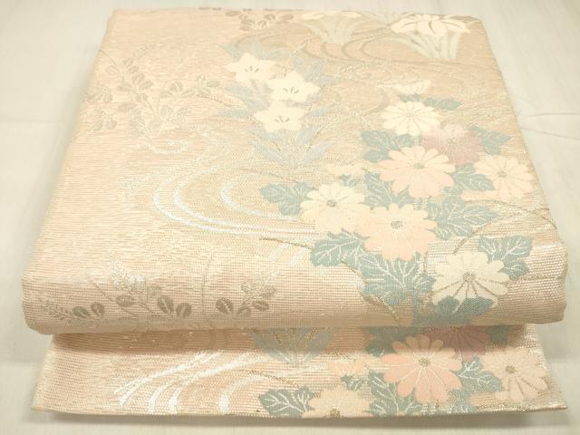 平和屋着物*夏物 六通柄袋帯 流水草花文 銀糸 正絹 逸品 DABD6698cm