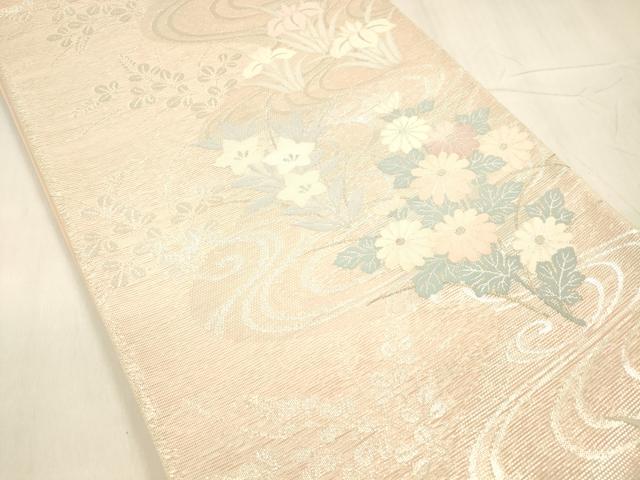 平和屋着物*夏物 六通柄袋帯 流水草花文 銀糸 正絹 逸品 DABD6698cm
