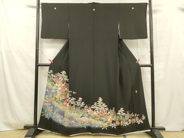 平和屋着物■豪華黒留袖 友禅 作家物 風景草花文 正絹 逸品 DABD6741cm