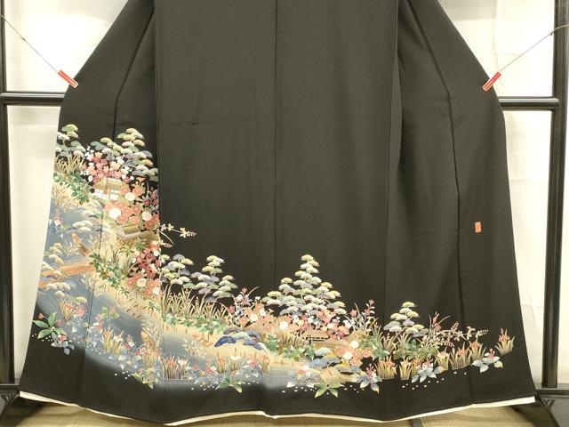 平和屋着物■豪華黒留袖 友禅 作家物 風景草花文 正絹 逸品 DABD6741cm