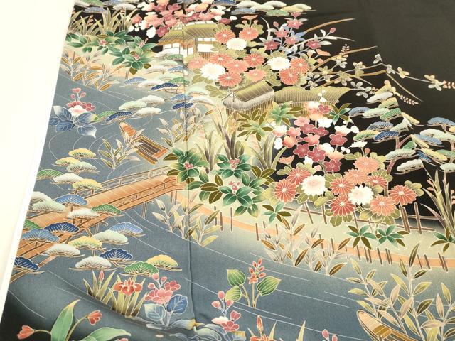 平和屋着物■豪華黒留袖 友禅 作家物 風景草花文 正絹 逸品 DABD6741cm