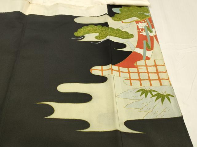 平和屋着物■豪華黒留袖 駒刺繍 尾長鳥梅松文 金銀彩 正絹 逸品 DABD6840cm