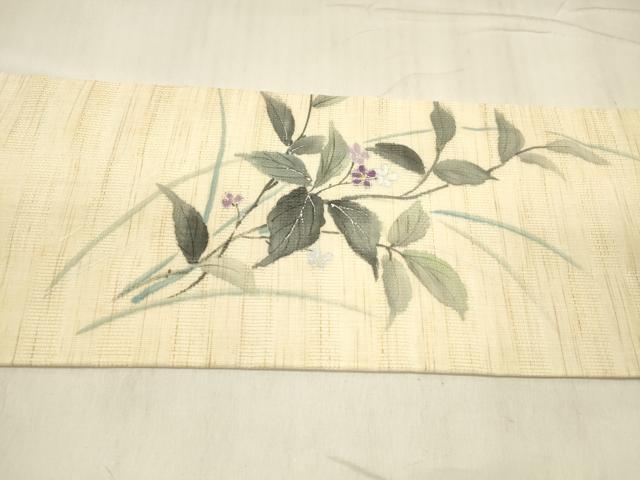 平和屋着物*夏物 九寸名古屋帯 手描き 草花文 銀彩 麻 逸品 DABD6871cm