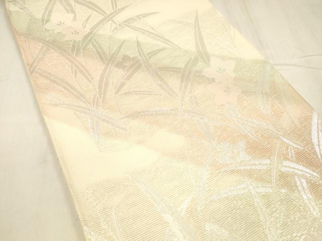 平和屋着物*夏物 六通柄袋帯 草花文 銀糸 正絹 逸品 DABD6904cm