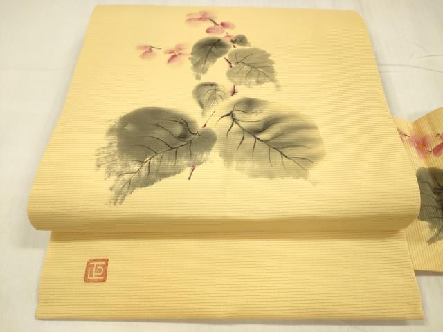 平和屋着物*夏物 絽塩瀬 九寸名古屋帯 作家物 手描き 草花文 正絹 逸品 DABD6909cm