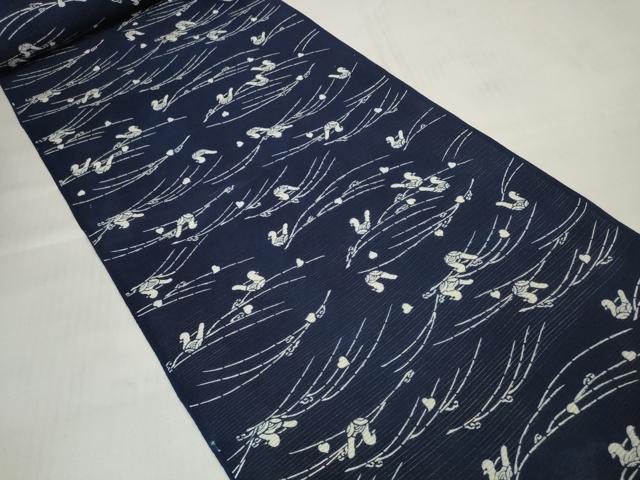 平和屋着物*夏物 浴衣 反物 着尺 綿絽 無形文化財 長板中形 藍染 鴛鴦 島田染工場謹製 綿 逸品 未使用 DABD7012zzz