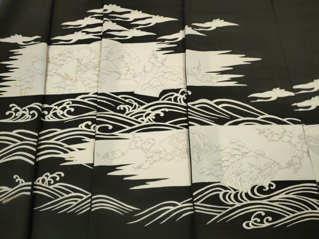 平和屋着物▼黒留袖 反物 着尺 裁断済 色付前 地紙飛鶴花文 逸品 未使用 DABD7341zzz