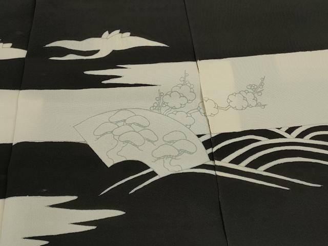 平和屋着物▼黒留袖 反物 着尺 裁断済 色付前 地紙飛鶴花文 逸品 未使用 DABD7341zzz