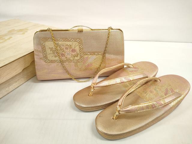 平和屋着物▼和装小物 和装バッグ・草履セット 色紙重ね花文 金糸 逸品 DABD7466zzz