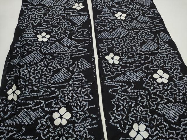 平和屋着物*夏物 有松鳴海絞り 浴衣 反物 着尺 竜田川花文 黒地 裁断済 綿 逸品 未使用 DABD7614zzz