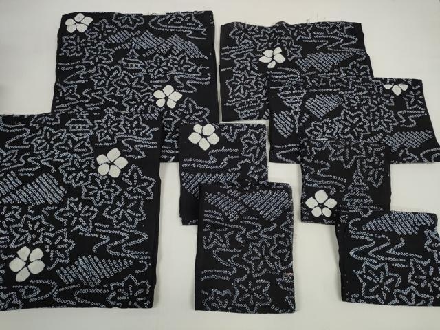 平和屋着物*夏物 有松鳴海絞り 浴衣 反物 着尺 竜田川花文 黒地 裁断済 綿 逸品 未使用 DABD7614zzz