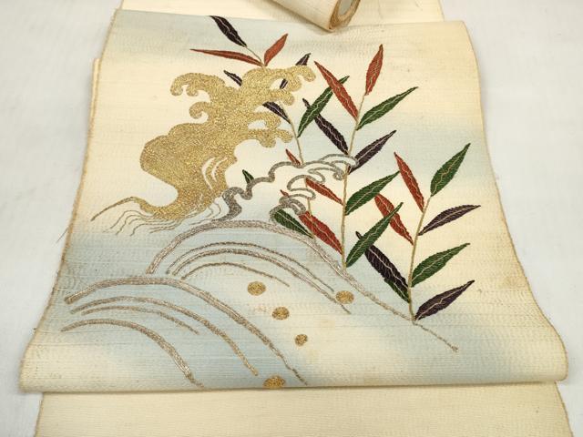平和屋着物▼アンティーク 大正ロマン 名古屋帯 帯反物 駒刺繍 立波枝葉文 金糸 未使用 DABD7681zzz