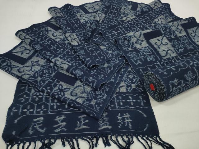 平和屋着物●久留米絣 反物 着尺 民芸正藍絣 色紙花文 綿 逸品 未使用 DABD7692zzz