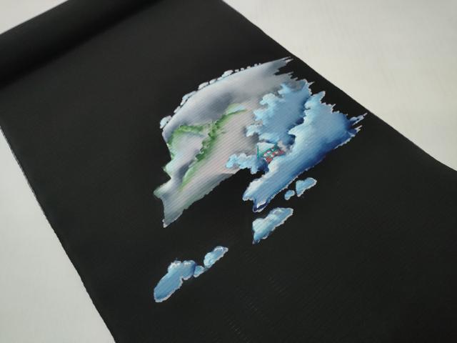 平和屋着物*夏物 名古屋帯 帯反物 絽 手描き 遠山風景文 黒地 未使用 DABD7714zzz