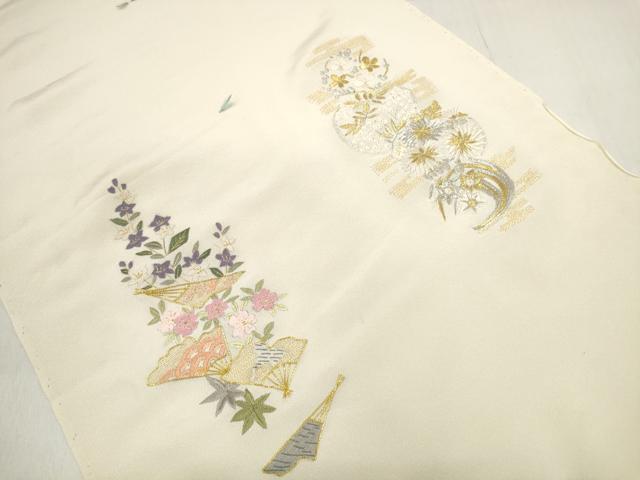 平和屋着物▼和装小物 端切れ ハギレ 2枚セット 駒刺繍 総刺繍 扇面花 雪輪花 金銀糸 リメイク生地 材料 逸品 DABD7782zzz