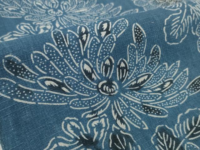 平和屋着物*夏物 綿紅梅 浴衣 反物 着尺 手型工芸 正藍染 菊 綿 逸品 未使用 DABD7863zzz