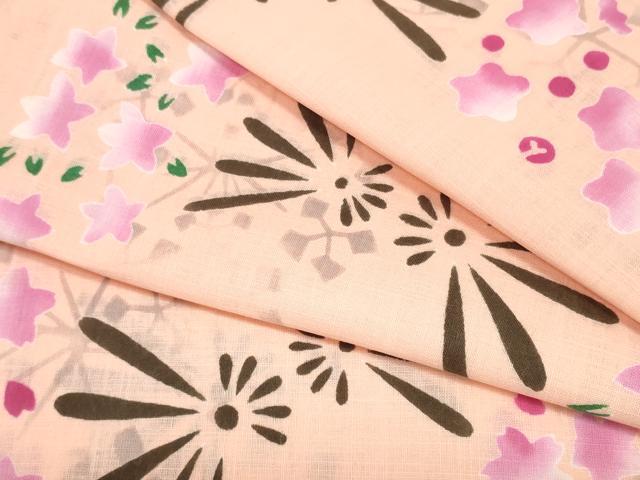 平和屋着物*夏物 竺仙鑑製 浴衣 反物 着尺 扇面花文 証紙付き 綿 逸品 未使用 DABD8003zzz