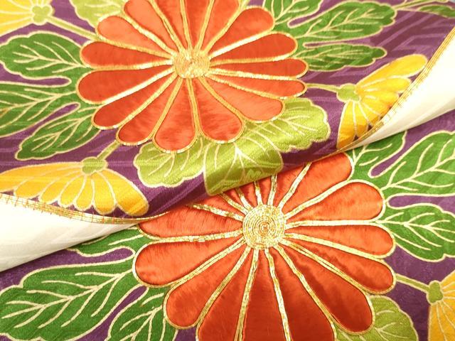 平和屋着物▼振袖 解き反物 着尺 駒刺繍 菱菊文 逸品 DABD8063zzz