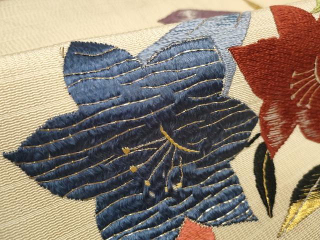 平和屋着物▼アンティーク 大正ロマン 名古屋帯 帯反物 総手刺繍 桔梗 金糸 逸品 DABD8099zzz