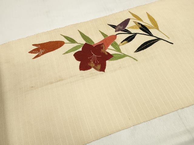 平和屋着物▼アンティーク 大正ロマン 名古屋帯 帯反物 総手刺繍 桔梗 金糸 逸品 DABD8099zzz