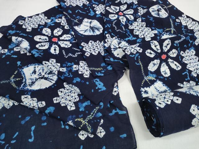 平和屋着物*夏物 有松鳴海絞り 浴衣 反物 着尺 団扇花文 綿 逸品 未使用 DABD8142zzz