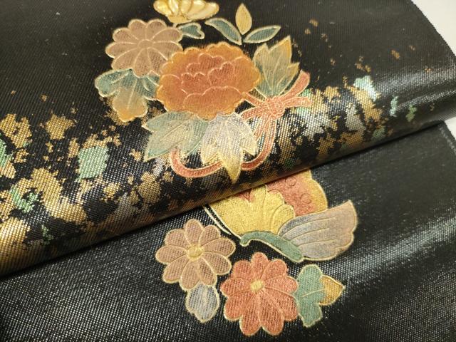 平和屋着物●西陣 名古屋帯 帯反物 螺鈿 愛彩野 舞蝶花鳥文 黒地 金糸 引箔 証紙付き 逸品 未使用 DABD8458zzz