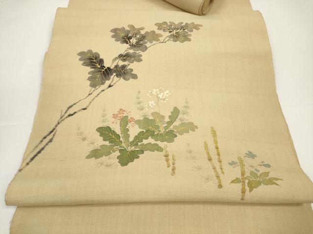平和屋着物●染色作家 桐山紫香 手描き 名古屋帯 帯反物 紬地 筑紫 つくし 草花文 金彩 逸品 未使用 DABD8478zzz