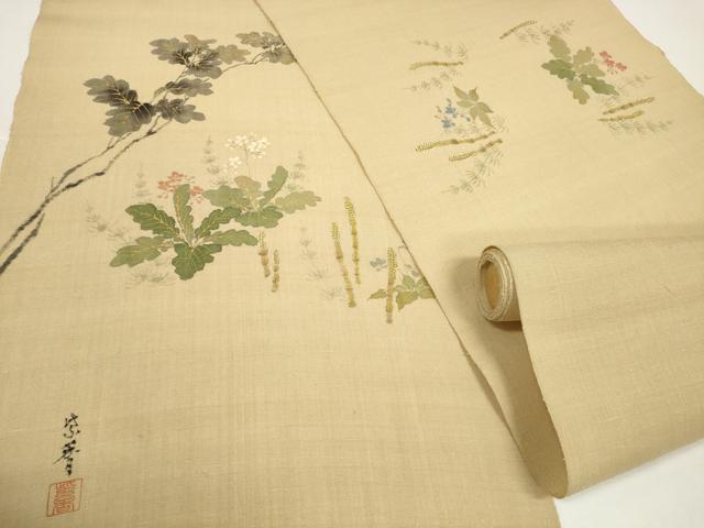 平和屋着物●染色作家 桐山紫香 手描き 名古屋帯 帯反物 紬地 筑紫 つくし 草花文 金彩 逸品 未使用 DABD8478zzz