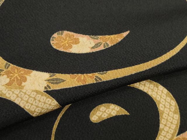 平和屋着物●小紋 反物 着尺 麗華 吉祥花輪文 黒地 鬼しぼ縮緬 逸品 未使用 DABD8511zzz