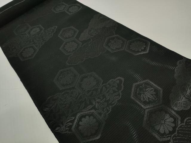 平和屋着物*夏物 西陣 石黒織物謹製 名古屋帯 帯反物 黒共帯 紫檀染 亀甲花文 証紙付き 逸品 未使用 DABD8638zzz