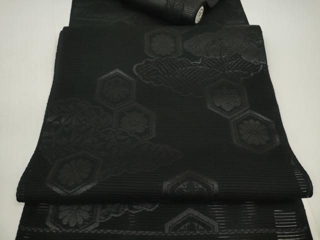 平和屋着物*夏物 西陣 石黒織物謹製 名古屋帯 帯反物 黒共帯 紫檀染 亀甲花文 証紙付き 逸品 未使用 DABD8638zzz