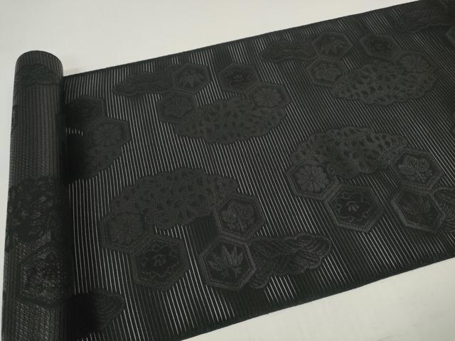 平和屋着物*夏物 西陣 石黒織物謹製 名古屋帯 帯反物 黒共帯 紫檀染 亀甲花文 証紙付き 逸品 未使用 DABD8638zzz