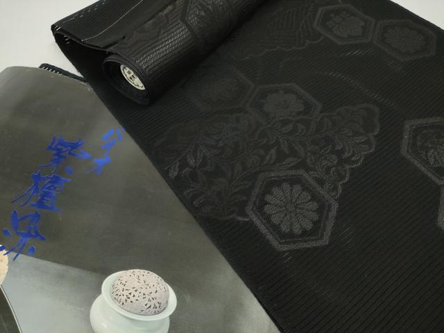 平和屋着物*夏物 西陣 石黒織物謹製 名古屋帯 帯反物 黒共帯 紫檀染 亀甲花文 証紙付き 逸品 未使用 DABD8638zzz
