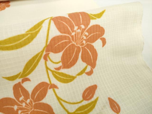 平和屋着物*夏物 綿紅梅 浴衣 反物 着尺 草花文 百合 ユリ 市田株式会社 綿 逸品 未使用 DABD8879zzz