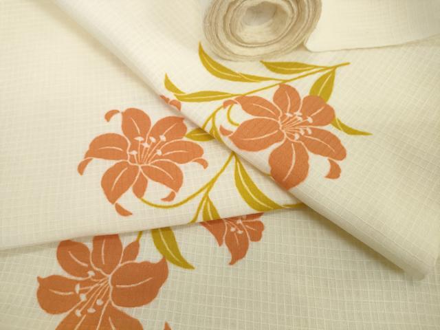 平和屋着物*夏物 綿紅梅 浴衣 反物 着尺 草花文 百合 ユリ 市田株式会社 綿 逸品 未使用 DABD8879zzz
