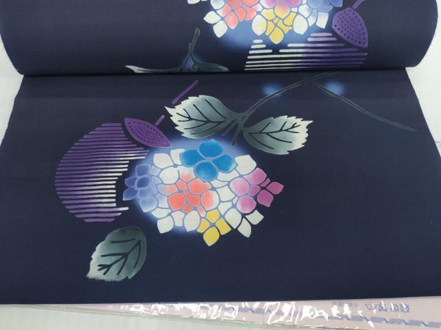 平和屋着物*夏物 浴衣 反物 着尺 注染 団扇 紫陽花 アジサイ ほていや扱い 綿 未使用 DABD8949zzz