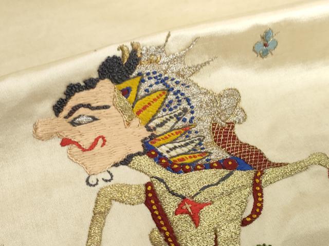平和屋着物●アンティーク 大正ロマン 袋帯 帯反物 総手刺繍 ワヤン・クリ 影絵芝居人形 金糸 逸品 未使用 DABD8976zzz