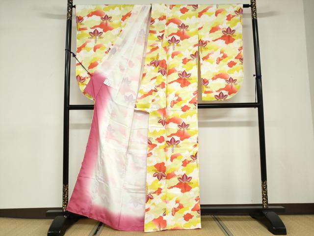 平和屋着物●小振袖 二尺袖 草花文 洗える着物 未使用 DABD9024ud