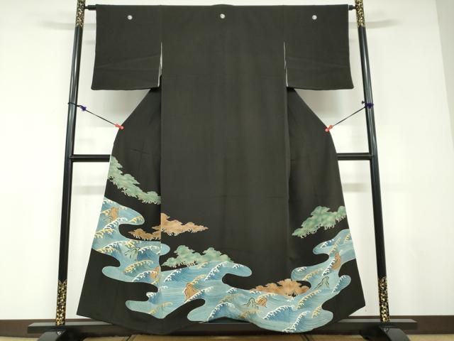 平和屋着物●創業130年 江戸染繍友禅 大彦 黒留袖 立波風景文 金彩 三越扱い 正絹 逸品 DABD9061ud