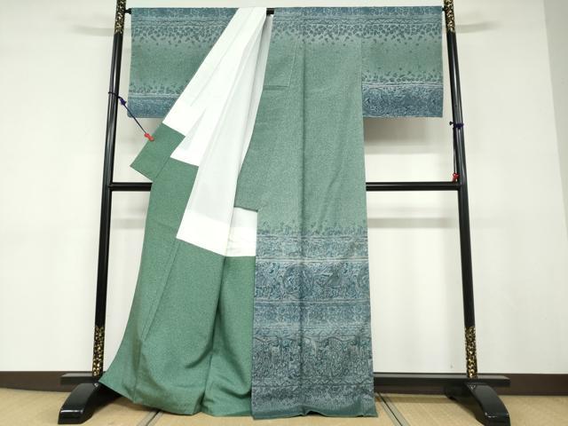 平和屋着物●本場染大島紬 訪問着 横段鳥獣草花文 正絹 逸品 未使用 DABD9071ud