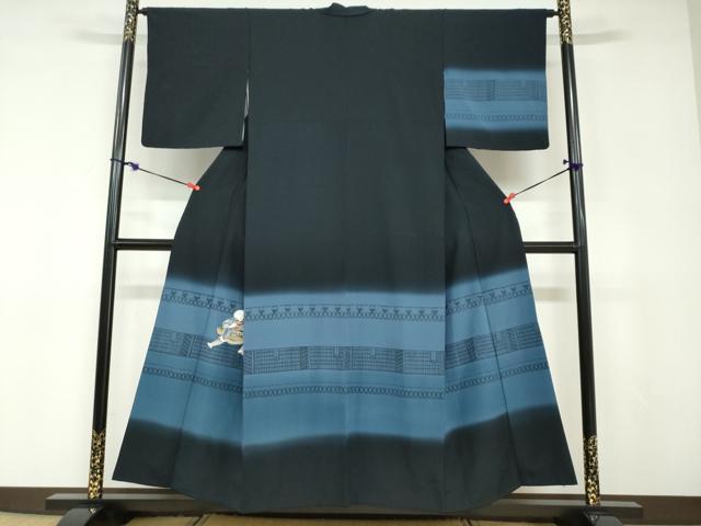 平和屋着物●訪問着　童子　横段文　黒地　正絹　逸品　DABD9087ud 平和屋着物○訪問着 童子 横段文 黒地 正絹 逸品 DABD9087ud