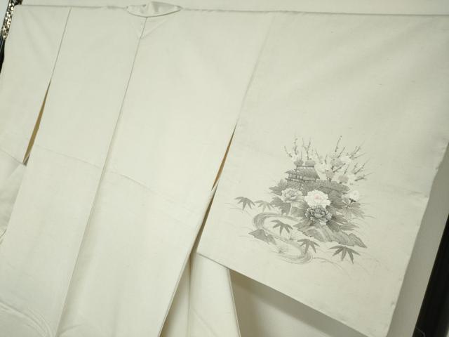 平和屋着物●訪問着 紬地 手描き 流水風景草花文 正絹 逸品 未使用 DABD9125ud